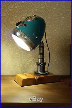 Vintage Steampunk Desk Lamp From Motorcycle Headlight & Oak Base & Engine Part