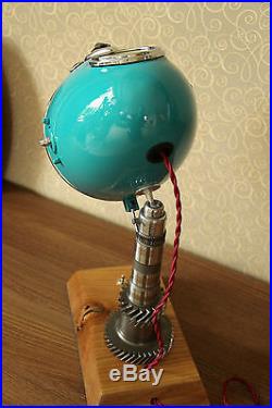 Vintage Steampunk Desk Lamp From Motorcycle Headlight & Oak Base & Engine Part