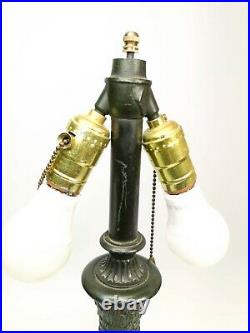 Vintage Table Lamp Brass Green Metal Base Retro Parts With Two Light Socket