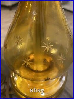 Vintage amber glass lamp Brass Fittings With Etched Stars Wooden Base 23.5 Tall