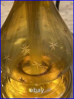 Vintage amber glass lamp Brass Fittings With Etched Stars Wooden Base 23.5 Tall