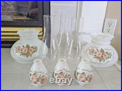Vt Milk Glass Hurricane Lamp Shade Parts- 8 Parts-2 Floral Shades, 3 Clear, 3Bulb