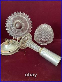 Vtg 1940s Art Deco 3-Chain Ceiling Light Fixture Parts Sunburst Shade & Globe