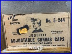 Vtg 40s Justrite Adjustable Canvas Cap Carbide Lamp with Original Box & Parts NOS