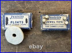 Vtg 40s Justrite Adjustable Canvas Cap Carbide Lamp with Original Box & Parts NOS