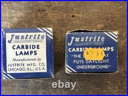 Vtg 40s Justrite Adjustable Canvas Cap Carbide Lamp with Original Box & Parts NOS