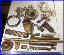 Vtg Antique Brass Parts Lot Lamp Chandelier Light Fixture 30 Lbs Canopy Socket +