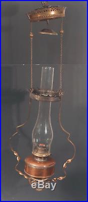 Vtg Antique Oil Lamp P&a Hurricane Pull Down Copper Brass Pulley Glass Parts
