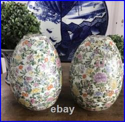 Vtg Heavily Enameled Floral Chinoiserie Egg Shape Lamp Bases, Parts, A Pair