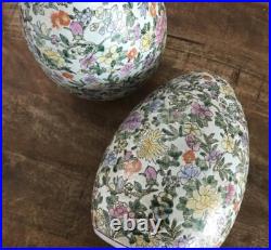 Vtg Heavily Enameled Floral Chinoiserie Egg Shape Lamp Bases, Parts, A Pair