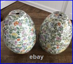 Vtg Heavily Enameled Floral Chinoiserie Egg Shape Lamp Bases, Parts, A Pair