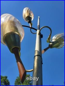 Vtg MID Century Tension Pole Lamp Rare Amber 3 Light Brass MCM Atomic 60s Works