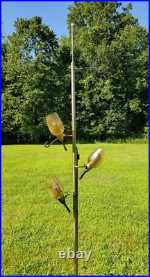 Vtg MID Century Tension Pole Lamp Rare Amber 3 Light Brass MCM Atomic 60s Works