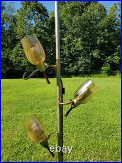 Vtg MID Century Tension Pole Lamp Rare Amber 3 Light Brass MCM Atomic 60s Works