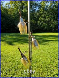 Vtg MID Century Tension Pole Lamp Rare Amber 3 Light Brass MCM Atomic 60s Works