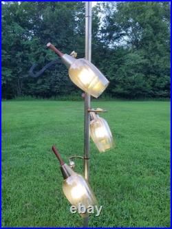 Vtg MID Century Tension Pole Lamp Rare Amber 3 Light Brass MCM Atomic 60s Works