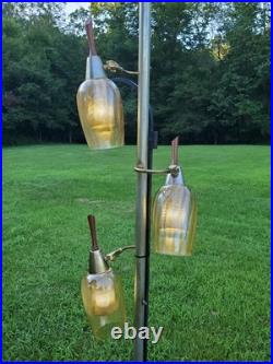 Vtg MID Century Tension Pole Lamp Rare Amber 3 Light Brass MCM Atomic 60s Works