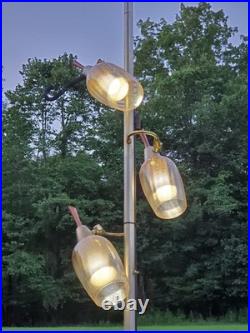 Vtg MID Century Tension Pole Lamp Rare Amber 3 Light Brass MCM Atomic 60s Works