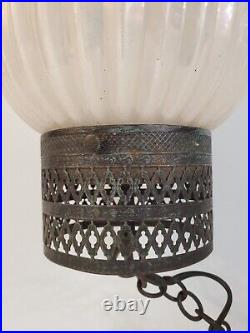 Vtg Metal Cage Top Light Lamp Milk Mercury Pendent Carnival Glass MCM Lantern