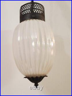 Vtg Metal Cage Top Light Lamp Milk Mercury Pendent Carnival Glass MCM Lantern