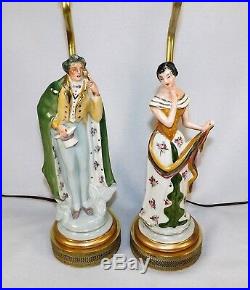 Vtg. Pair Figural Table Lamps Count & Countess Porcelain with Solid Brass Parts