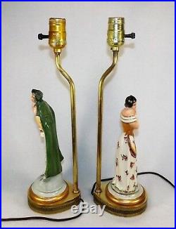 Vtg. Pair Figural Table Lamps Count & Countess Porcelain with Solid Brass Parts